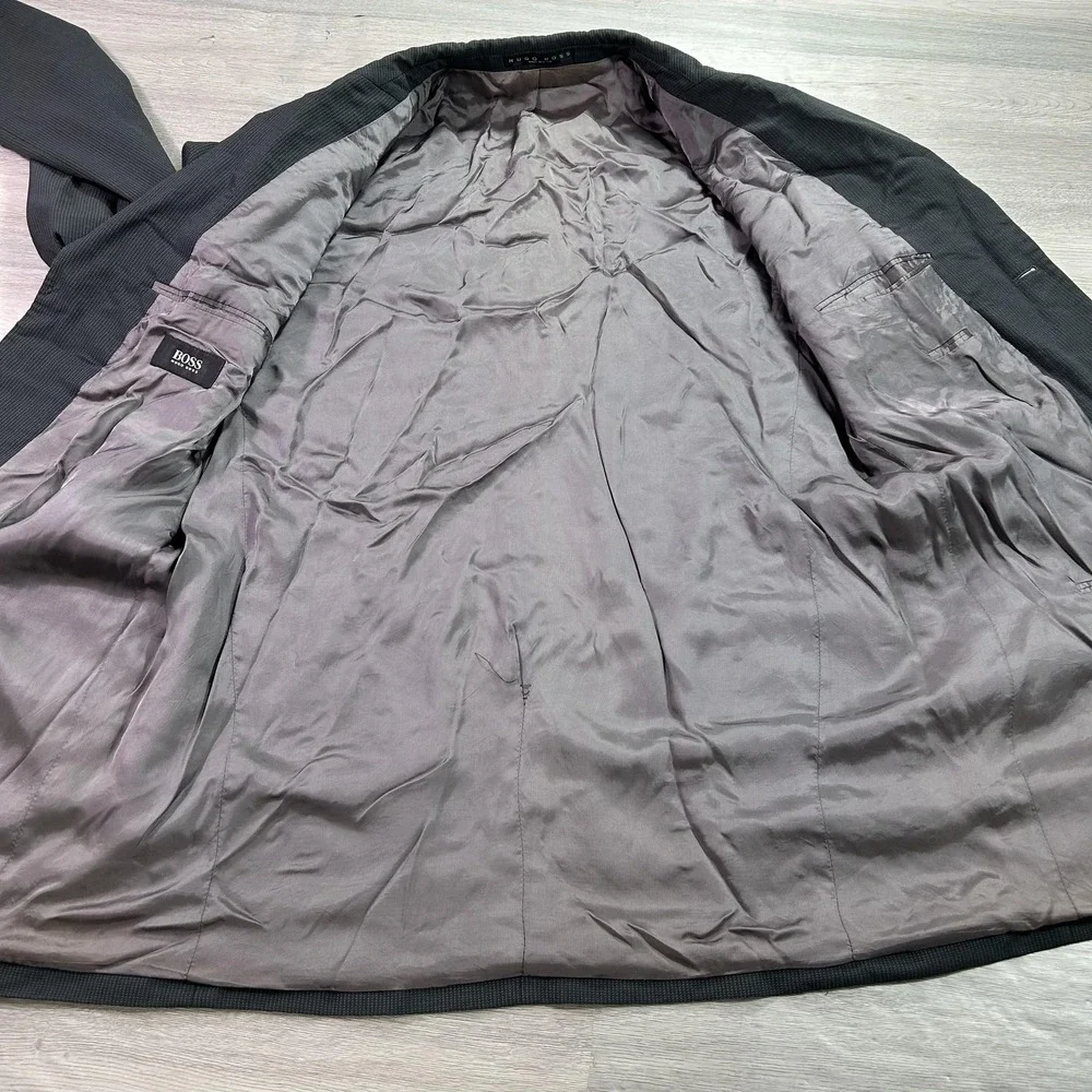 Hugo Boss‎ Blazer Mens 46L Gray Micro Check 3 Button Made USA Sport Coat Jacket